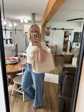 Genuine leather and coated canvas Checkered Tote bag in Light Gray and White